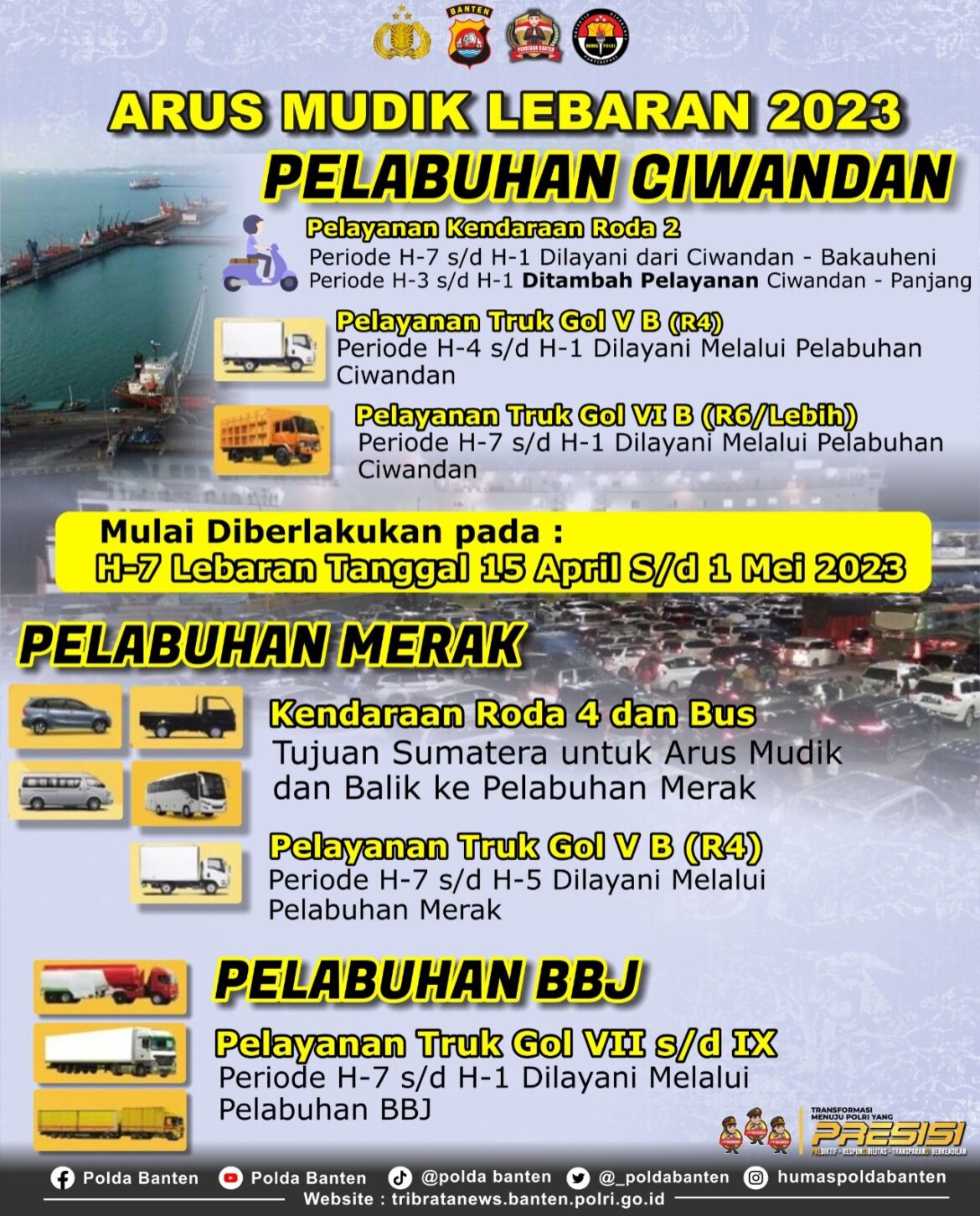Polda Banten Siapkan Pelabuhan Ciwandan, Merak dan BBJ pada Arus Mudik Lebaran 2023, Antisipasi Penumpukan Kendaraan